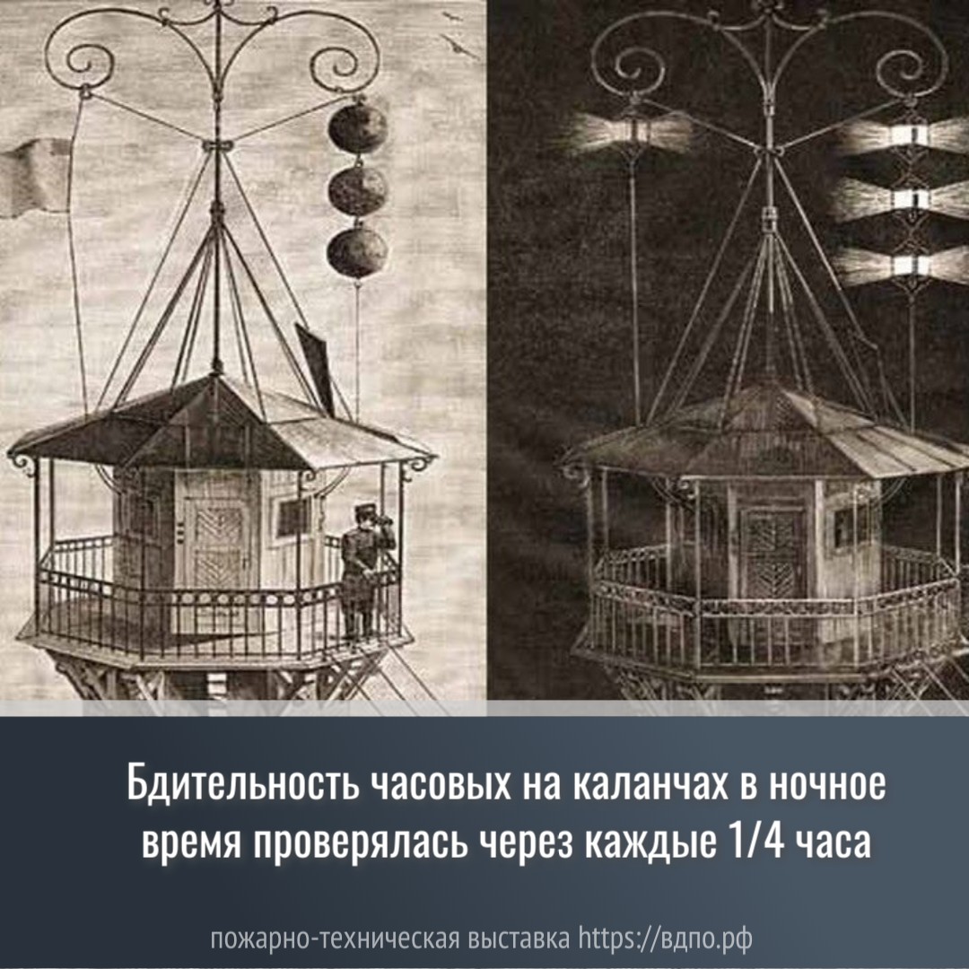 Бдительность часовых на каланчах в ночное время проверялась через каждые 1/4 часа  Стоящий у пожарных инструментов часовой при наступлении сумерек давал сигналы свистком. Часовые......